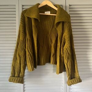 Green Cable Knit Cropped Cardigan With Collar